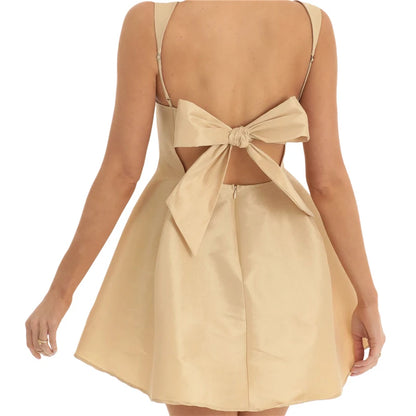 Satin Dress for Women  Summer Solid Color Square Collar Sleeveless Backless A Line Mini Dress Elegant Party Dresses