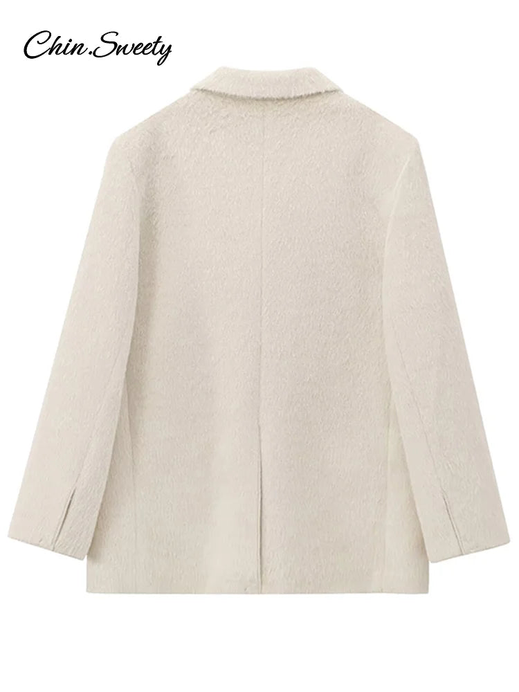 White Mohair Blazer Coat Women Loose Lapel Single-breasted Long Sleeve Thick Warm Jackets 2025 New Office Lady Street Outerwear