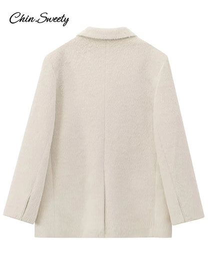 White Mohair Blazer Coat Women Loose Lapel Single-breasted Long Sleeve Thick Warm Jackets 2025 New Office Lady Street Outerwear