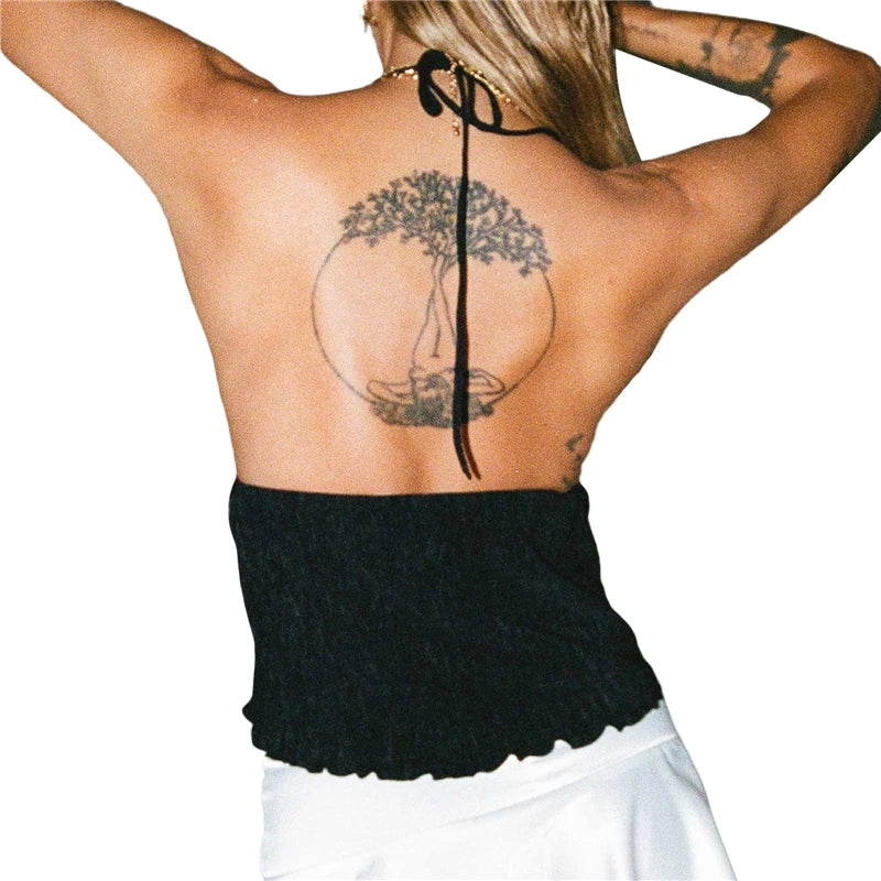 Summer Crop Top y2k Aesthetic Women Solid Color Spaghetti Strap Sleeveless Lace Up Bandage Tanks Halter Vest Streetwear