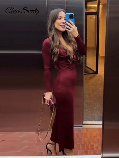 Elegant Hang Neck Burgundy Long Party Dress Women Halter Full Sleeve Maxi Dresses  Autumn Lady Slim Hip Package Gowns New