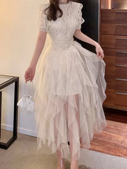 Vestido coreano de encaje con cuello redondo y retazos calados, elegante vestido blanco de malla irregular para mujer, primavera-verano 2025, A7893