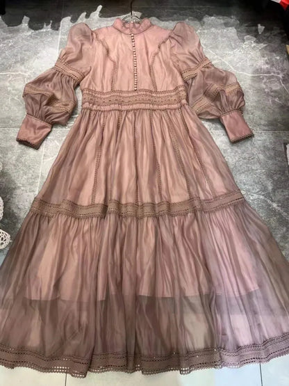 Elegante vestido largo estilo hada, cuello alto, mangas farol, cintura ajustada, moda para mujer, primavera otoño 2025, 1351