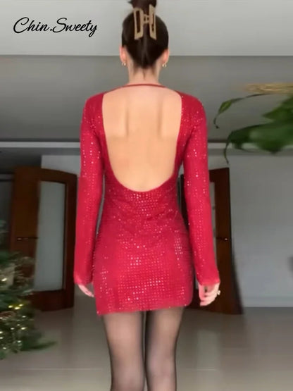 Sexy Sequins Backless Red Christmas Mini Dress Shiny O-neck Long Sleeve Dresses Female  New Lady Slim Party Club Gowns