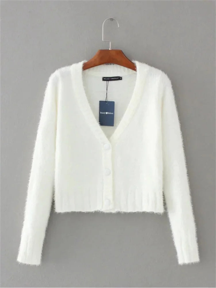 Suéter de punto con cuello en V para mujer, cárdigan corto de manga larga, ropa de calle sexy, abrigo de punto corto, abrigo de patchwork para mujer