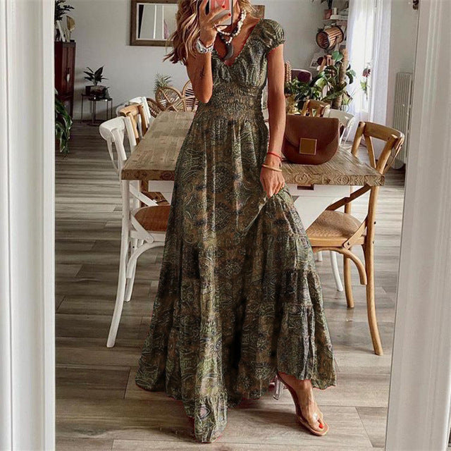 Vestidos largos con estampado bohemio para mujer, cuello en V, cintura elástica, mangas cortas, estilo casual de vacaciones, vestidos vintage de moda para mujer