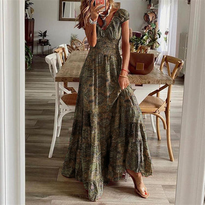 Vestidos largos con estampado bohemio para mujer, cuello en V, cintura elástica, mangas cortas, estilo casual de vacaciones, vestidos vintage de moda para mujer