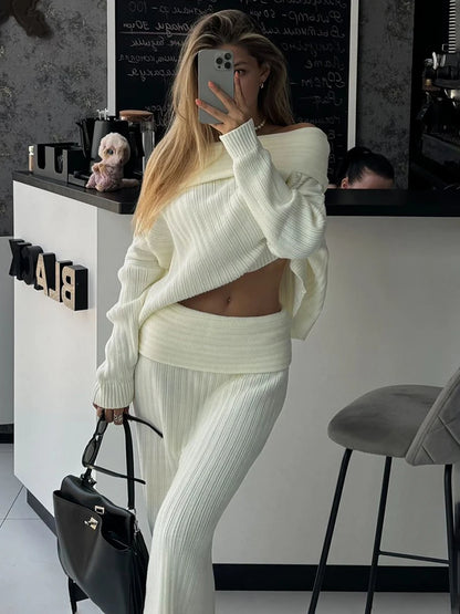 Conjunto de 2 piezas de falda de punto para mujer, suéter de manga larga con un solo hombro, elegante, ajustado, falda larga, traje de otoño, nuevo