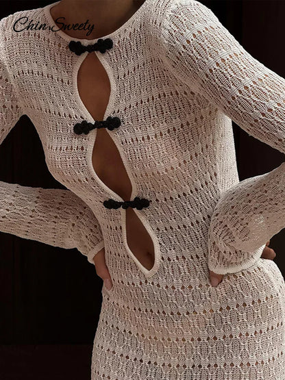 Sexy Hollow Out Knitted Maxi Dress Women Long Sleeve O-neck White Black Holiday Dresses Female 2025 Summer Lady Slim Fit Robes