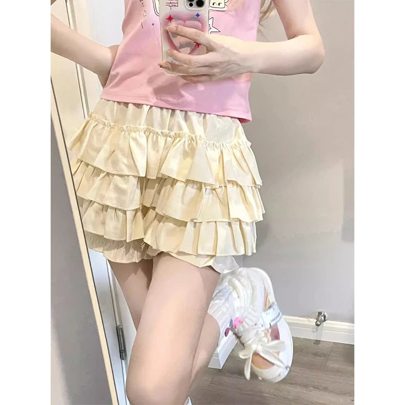 Minifalda con volantes Y2K para mujer, estilo kawaii, estilo lolita, con lazo, estilo harajuku, estilo japonés, de cintura alta, color rosa y blanco.