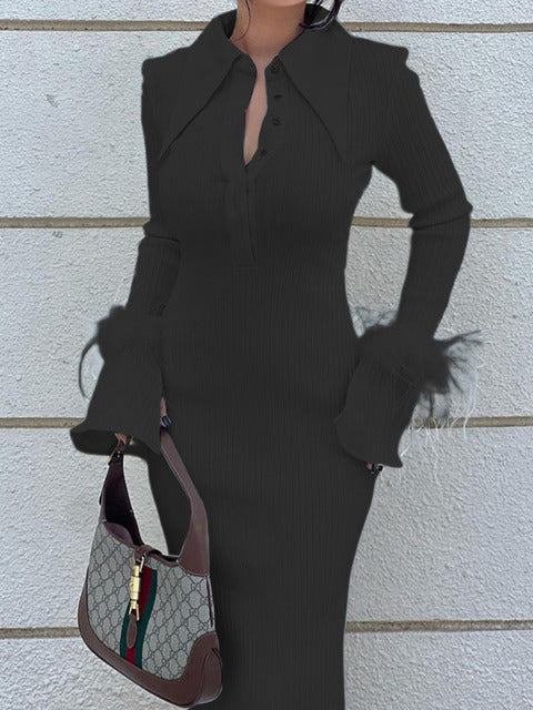 Autumn & Winter New Women’s Fashion Polo Neck Feather Long Pit Stripe Dress Elegant & Beautiful Party Evening Dress
