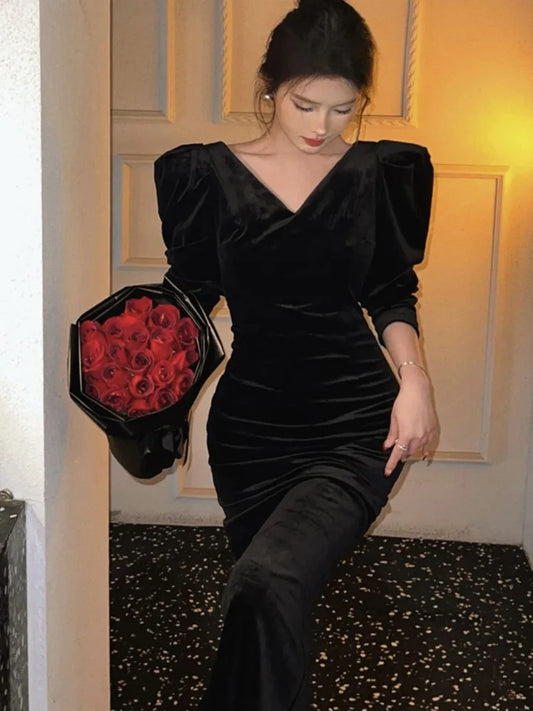 Vestidos franceses vintage de terciopelo negro para mujer, manga larga, cintura estrecha, escote en V, vestido de fiesta de noche ajustado, vestidos coreanos de otoño