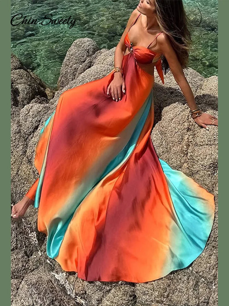 Vestido largo elegante con degradado para mujer, de satén, sin espalda, con corte en A, para playa, sexy, plisado, para vacaciones, verano 2025