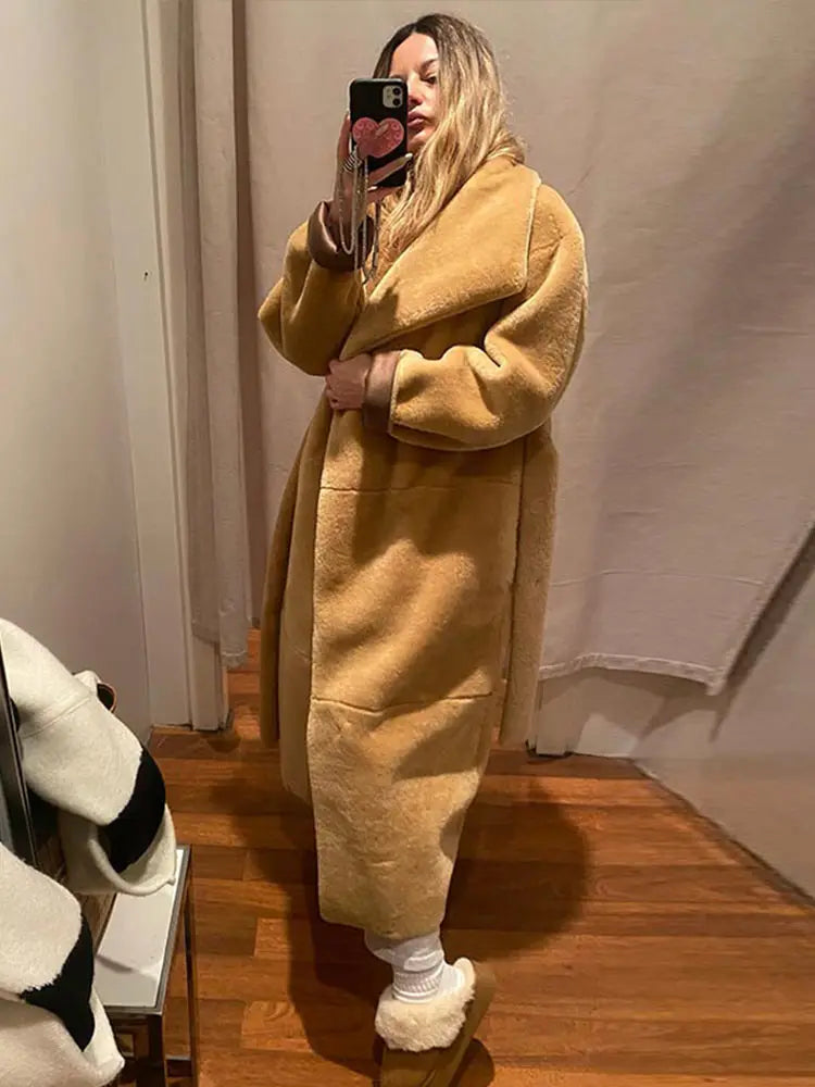 Abrigos largos elegantes de piel sintética con cinturón, solapa grande, manga larga y bolsillo, abrigos de felpa para mujer, ropa de calle de invierno 2025