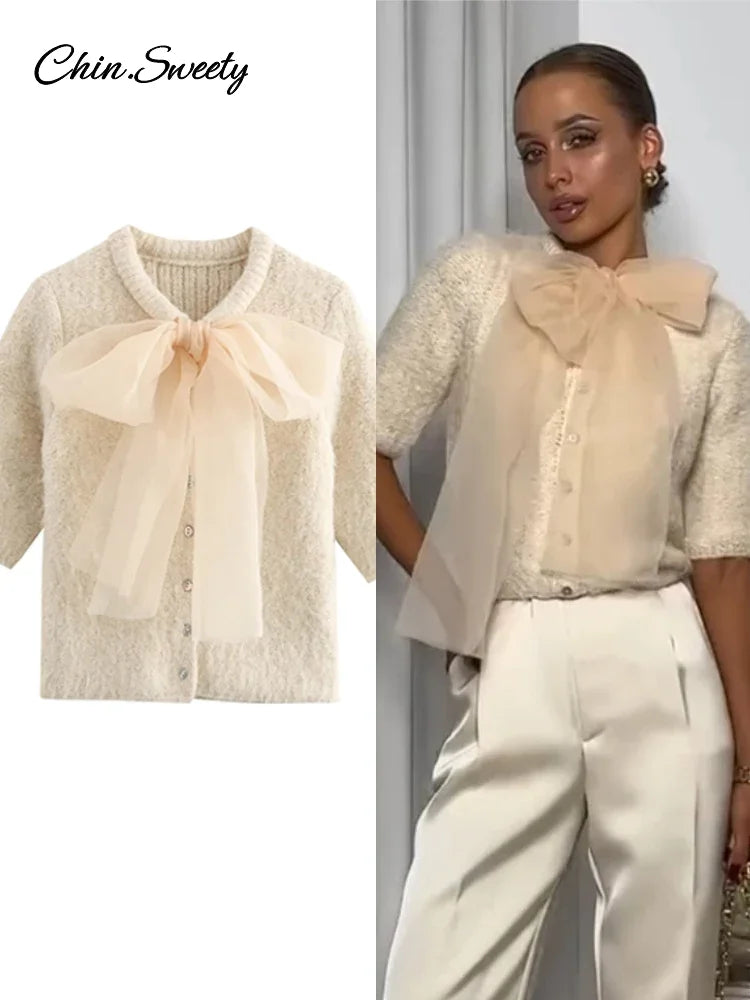 Mohair Knitted Short Sleeve Cardigan Women Lace Bow Single Breasted O-neck Slim Sweater  Autumn Winter Fashion Lady Knitwear