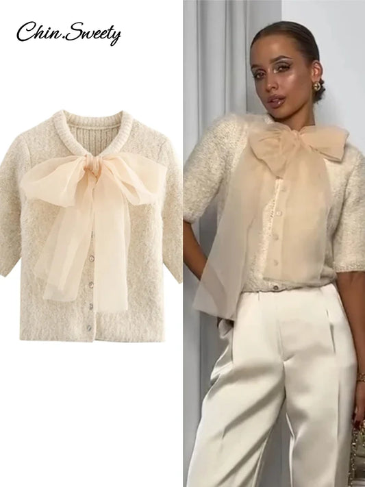 Mohair Knitted Short Sleeve Cardigan Women Lace Bow Single Breasted O-neck Slim Sweater  Autumn Winter Fashion Lady Knitwear