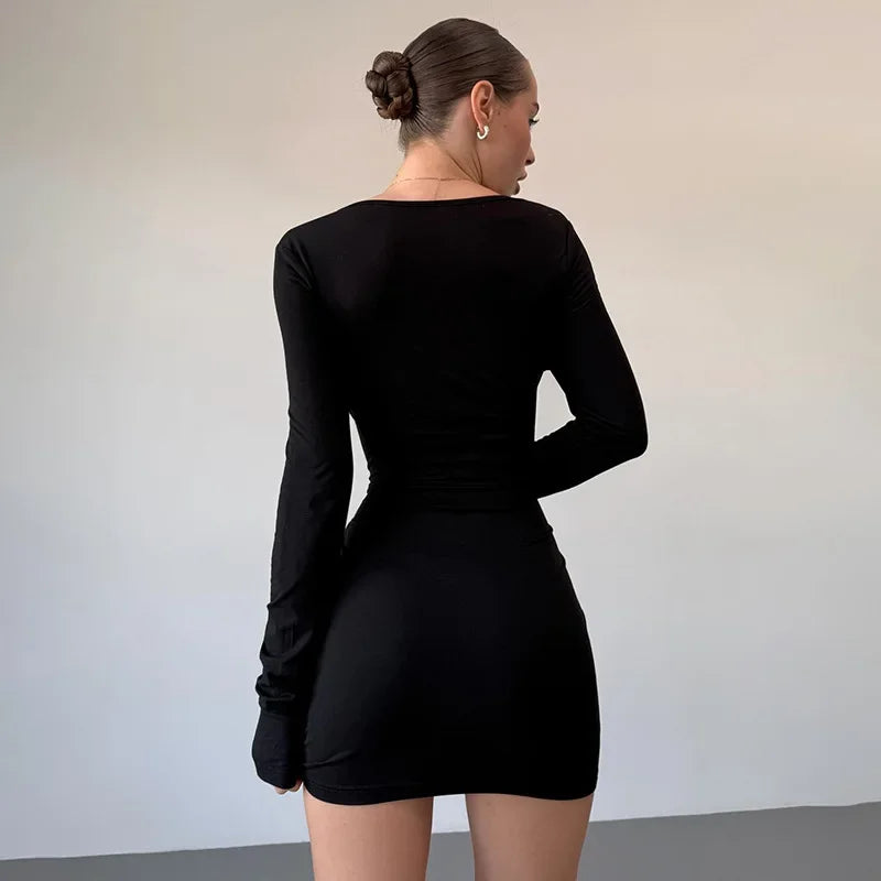 Vestido sexy metalizado ajustado con escote pronunciado para mujer, minivestido de manga larga con cintura alta, elegante, liso, para fiesta otoñal.