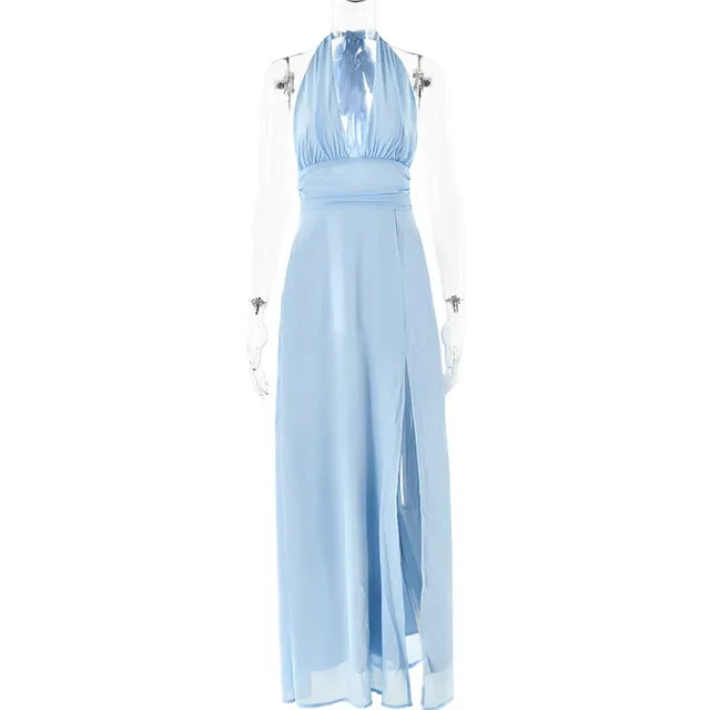 Halterneck V-neck Sexy Backless Women Dresses Elegant Party Fashion High Waist Slit Sleeveless Long Dress Lace-up Evening Dress