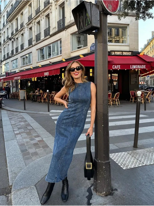 Vestidos casuales sin mangas de mezclilla para mujer, elegantes vestidos ajustados con cuello redondo y abertura, vestidos de mezclilla para mujer, elegantes vestidos de calle de otoño a juego.