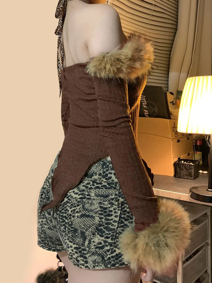 Blusas de otoño de manga larga con cuello halter falso de dos piezas para mujer, de moda, con retazos y cuello falso