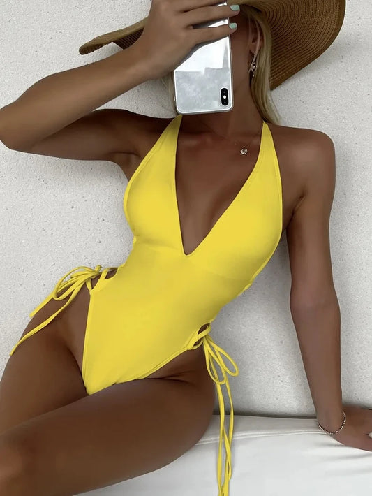 Traje de baño de una pieza con escote en V sólido para mujer, traje de baño sexy con vendaje cruzado, traje de baño sin espalda, nuevo monokini