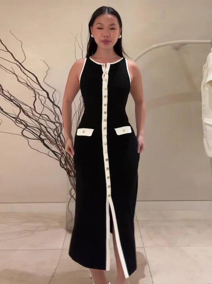 Elegant Single Breasted Knitted Maxi Dress Women Fashion O Neck Sleeveless Fake Pockets Dresses  New Lady High Street Robes