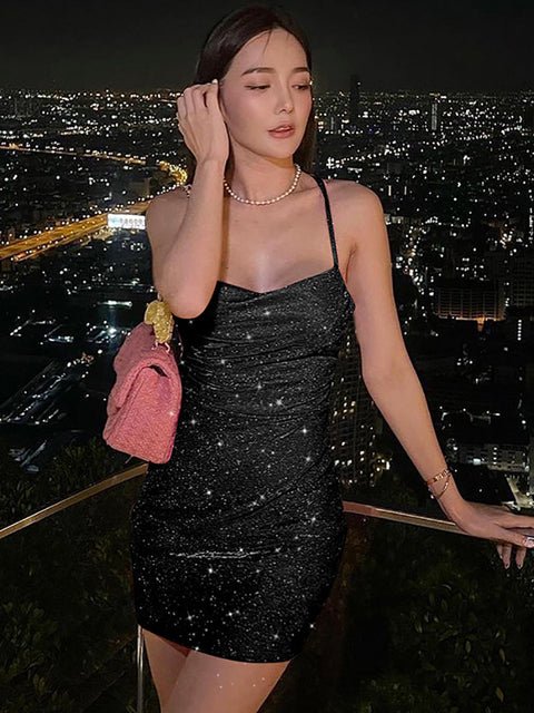Vestido de mujer de seda brillante con purpurina y tirantes finos, fruncido, sexy, plateado, ajustado, para fiesta y club, para otoño