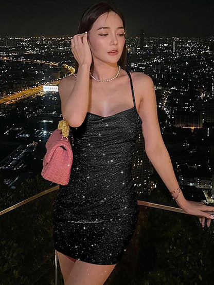 Vestido de mujer de seda brillante con purpurina y tirantes finos, fruncido, sexy, plateado, ajustado, para fiesta y club, para otoño