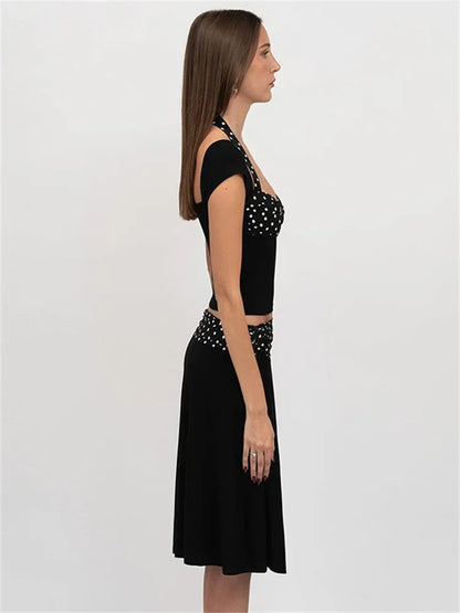 Patchwork Fashion 2 Piece-Set MIni Skirt For Women Lace-Up Contrast Backless Cropped Top And High Waist Skirt Sets Female