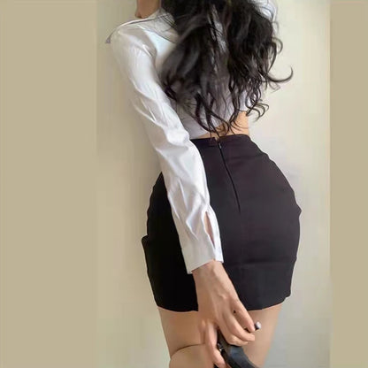 Top corto de verano de los años 2000 para mujer, sexy, de color liso, con cuello de solapa, camisa de manga larga con una botonadura, ropa urbana Y2K