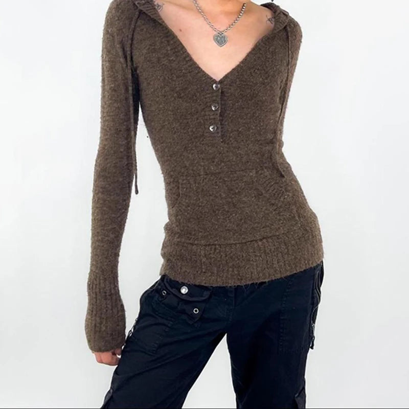 Y2K Brown V-neck Hooded Sweater Vintage Basic Slim Button Up Knitted Pullovers Autumn Casual Streetwear Outfits Lady