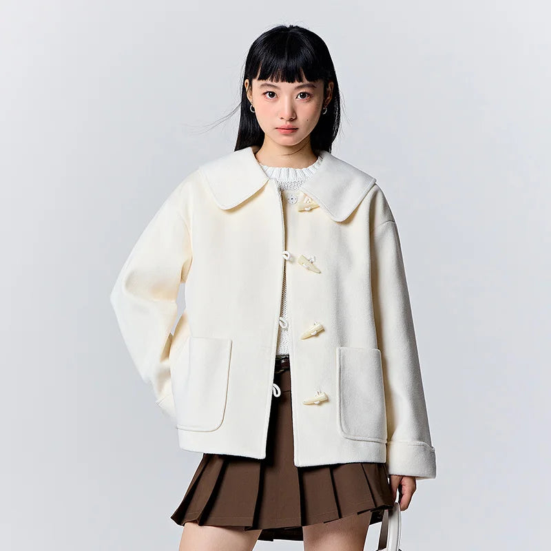 Abrigo de lana sintética para mujer, holgado, con botones de cuerno, color liso, nuevo abrigo de invierno con solapa grande.
