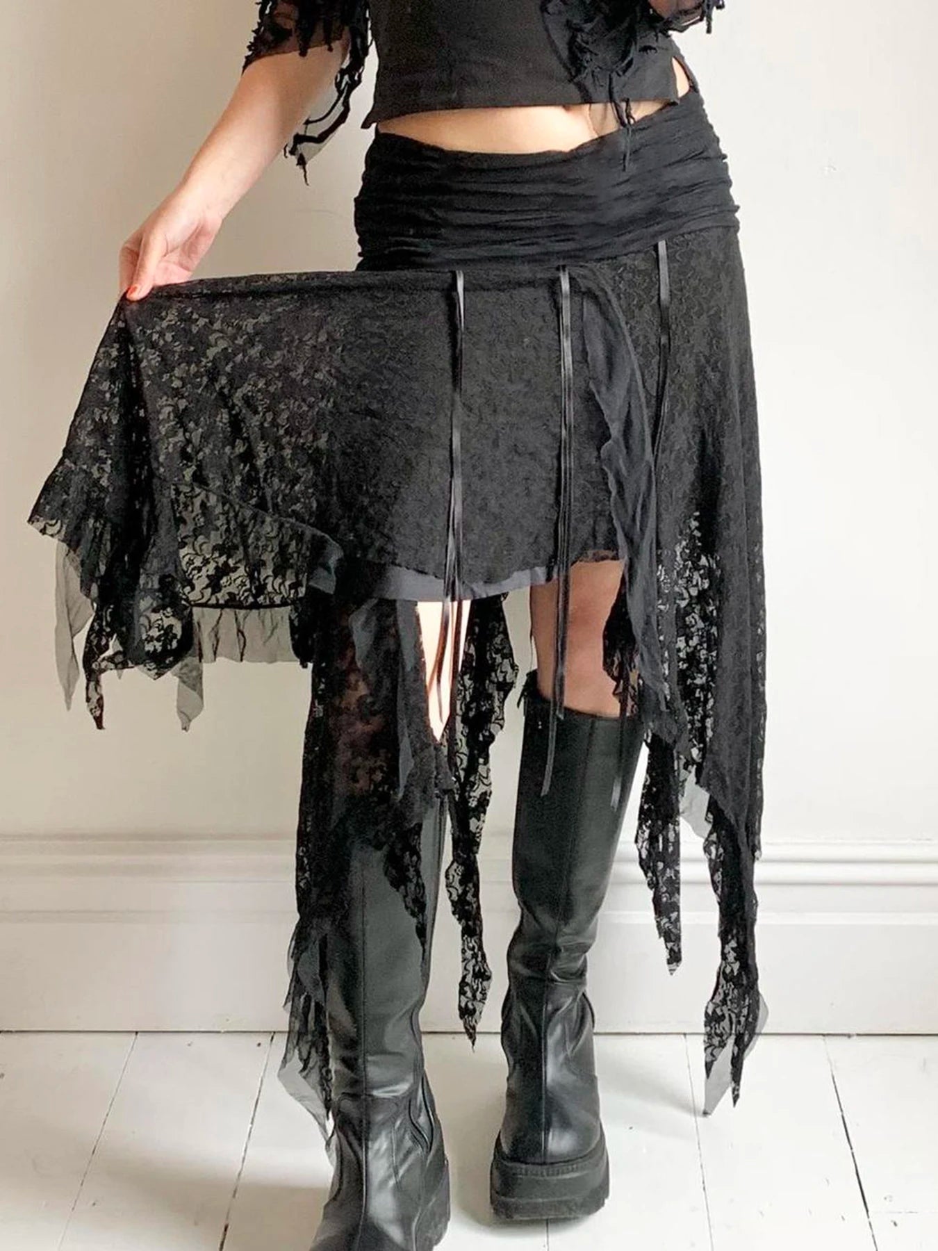 Faldas midi de encaje gótico negro liso para mujer, con dobladillo asimétrico, elegantes, para vacaciones, estilo bohemio.
