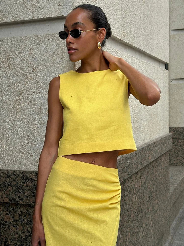 Fashion Female Maxi Skirt Sets High Waist Split Elegant Solid Streetwear Cropped Vest Top And Long Skirt Outfits Women’s