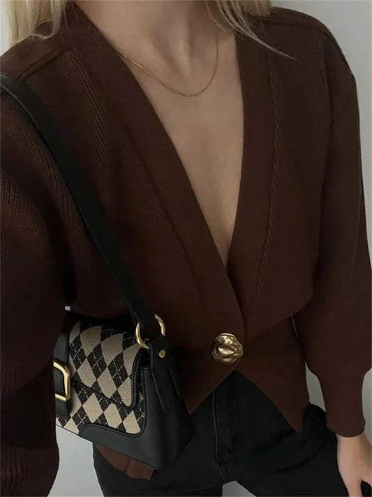 Cárdigan de punto con cuello en V para mujer, abrigo de manga larga, moda de otoño, elegante, corto, cárdigan de punto para mujer