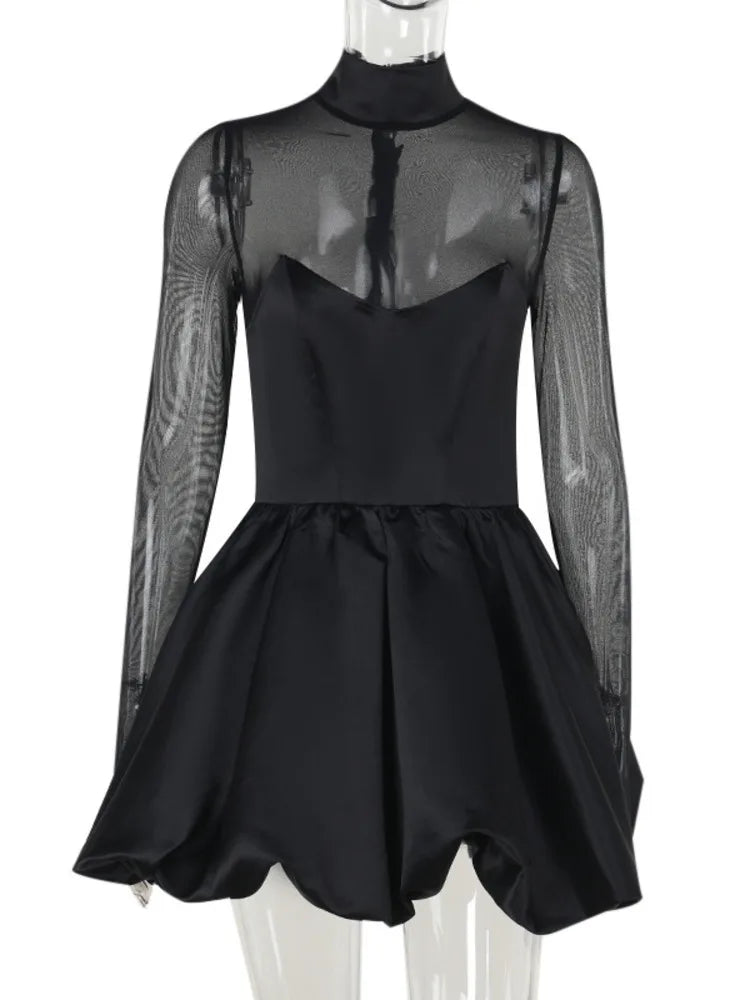 Vestido mini sexy de cuello alto transparente de manga larga para mujer, negro, transparente, de cintura alta, corte A, para fiesta, club, elegante
