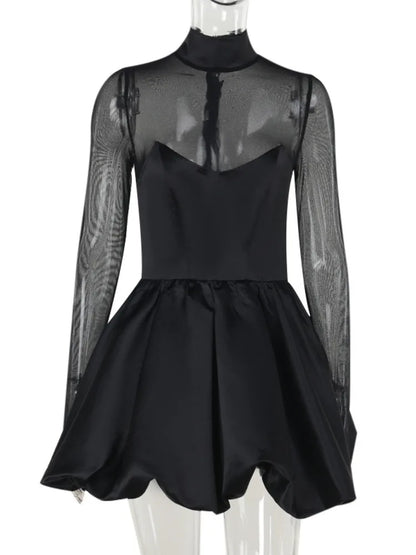 Vestido mini sexy de cuello alto transparente de manga larga para mujer, negro, transparente, de cintura alta, corte A, para fiesta, club, elegante