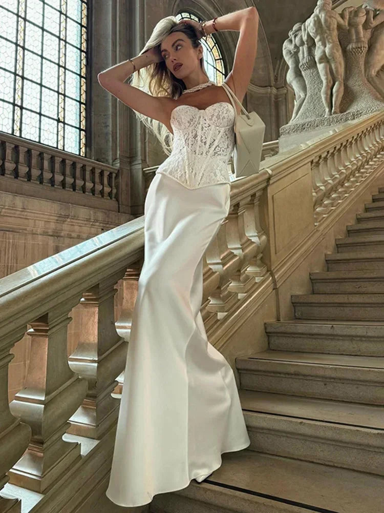 Conjunto de dos piezas de vestido de encaje para mujer, estilo retro, sin tirantes, con parte superior de espinas de pescado, falda ajustada lisa, elegante conjunto de vestido de fiesta para mujer