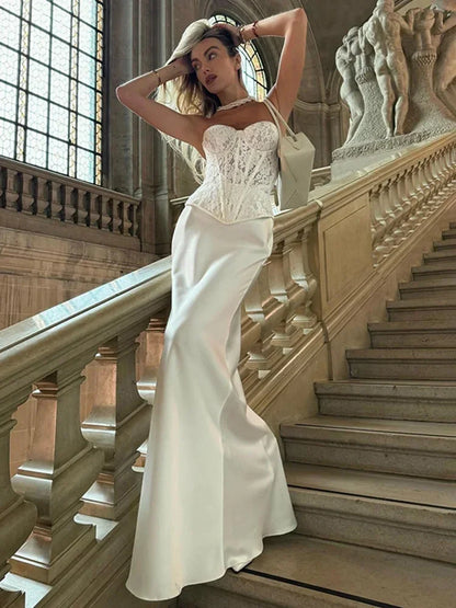 Conjunto de dos piezas de vestido de encaje para mujer, estilo retro, sin tirantes, con parte superior de espinas de pescado, falda ajustada lisa, elegante conjunto de vestido de fiesta para mujer