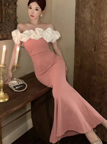 Vestido de fiesta sexy ajustado con hombros descubiertos para mujer, nuevo vestido de retazos de cintura estrecha, elegante, a la moda, para graduación, largo