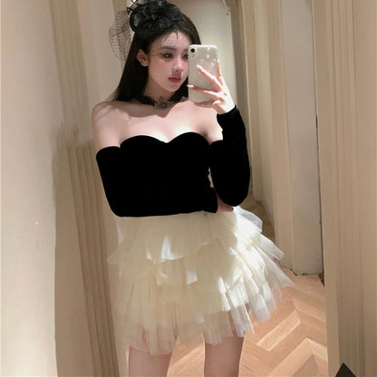 Vestidos mini sin tirantes para mujer, novedad de 2025, para fiesta de noche, graduación, con retazos de encaje, moda Y2K, Vestidos para mujer