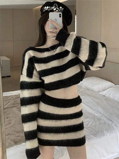 Autumn Striped Two-piece Skirt Set Women Long Sleeve Cropped Off Shoulder Top Bodycon Mini Skirt Korean Fashion Suits New