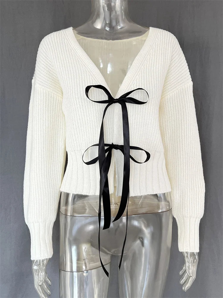 Suéter de punto de otoño para mujer, cárdigan con lazo, moda, acanalado, con retazos y cordones, cárdigan de punto para mujer