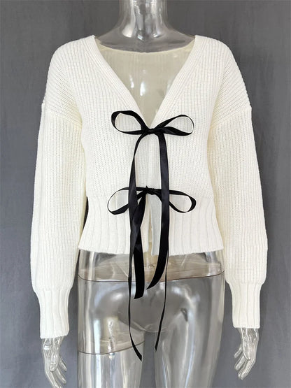 Suéter de punto de otoño para mujer, cárdigan con lazo, moda, acanalado, con retazos y cordones, cárdigan de punto para mujer