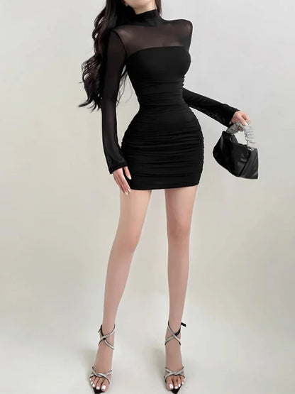 Vestido ajustado negro transparente para mujer, ropa de calle sexy y ajustada, vestidos de manga larga para mujer, conjuntos de moda de patchwork