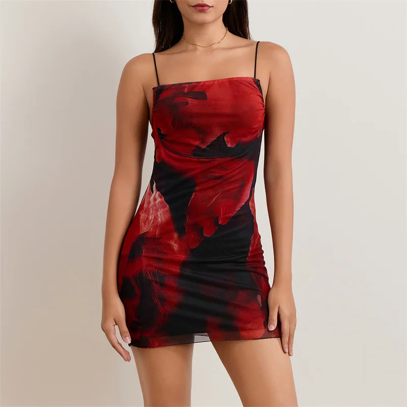 Vestido mini sexy de verano para mujer, estampado floral, cuello cuadrado, tirantes finos, sin mangas, vestido corto, vestidos de fiesta de noche