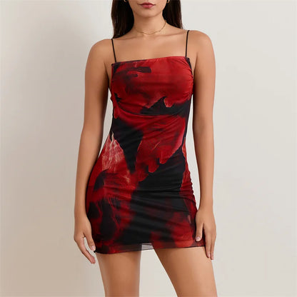 Vestido mini sexy de verano para mujer, estampado floral, cuello cuadrado, tirantes finos, sin mangas, vestido corto, vestidos de fiesta de noche