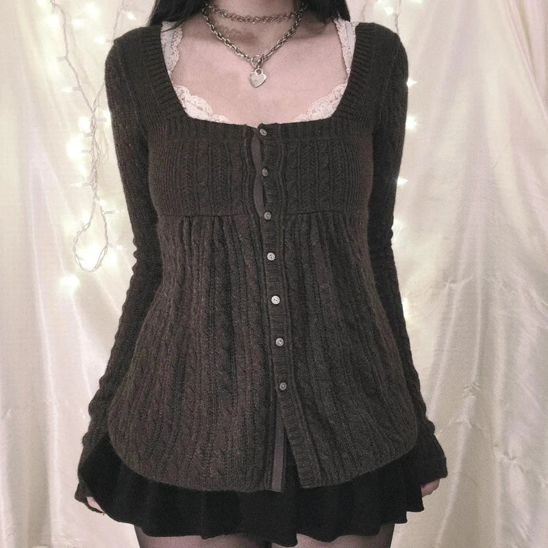 Suéter vintage estilo grunge Y2K de los 00, cárdigan de manga larga con botonadura sencilla, camiseta de punto kawaii estética de los 00, ropa para mujer