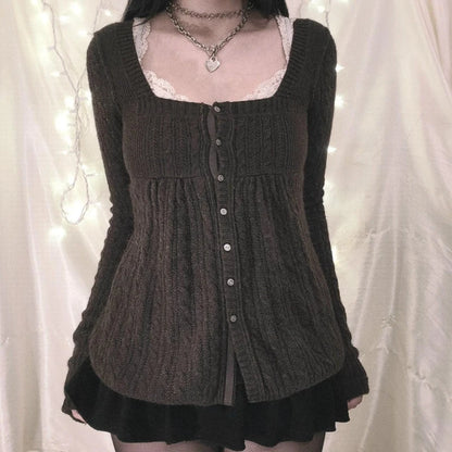 Suéter vintage estilo grunge Y2K de los 00, cárdigan de manga larga con botonadura sencilla, camiseta de punto kawaii estética de los 00, ropa para mujer