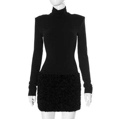 Vestido mini de cuello alto con mangas largas y peludo para mujer, cintura alta, elegante, para fiestas y ocasiones especiales, 2025